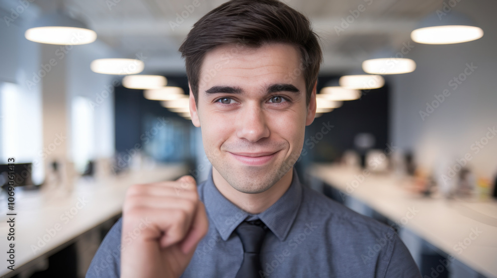 Naklejka premium A young Caucasian man in a gray shirt and tie smiles confidently with a clenched fist, embodying determination and success in a modern office setting.