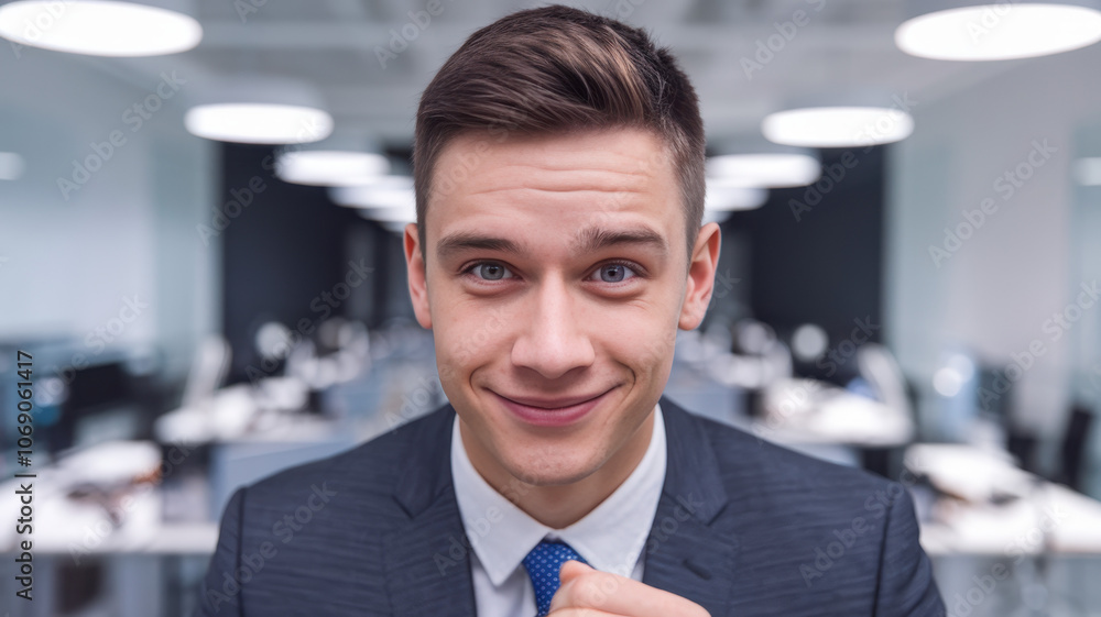 A young Caucasian male businessman dressed in a suit smiles confidently in a modern office environment, exuding professionalism and approachability. A young Caucasian male businessman dressed in a suit smiles confidently in a modern office environment, exuding professionalism and approachability.