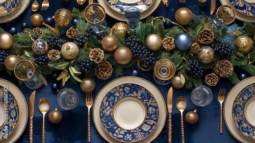 Beautiful and elegant table settings for winter holidays and Christmas in dark blue and gold colors. Tableware and place settings perfect for homemade Christmas dinner. 