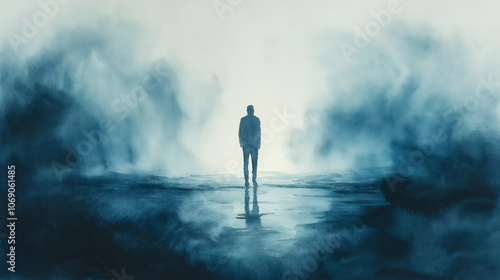 Blue Monday lonely silhouette of a man standing in foggy mist, melancholic figure surrounded by abstract blue and grey background, expressing solitude, deep sigh, low energy, winter blues