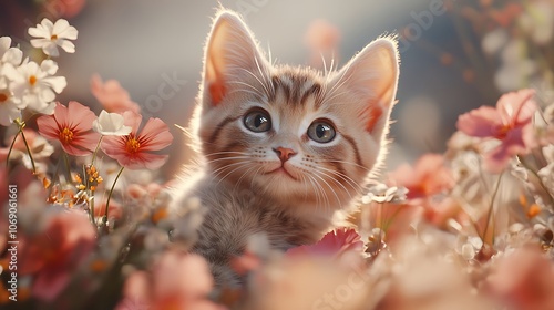 Close up view of playful kitten surrounded by beautiful flowers picture