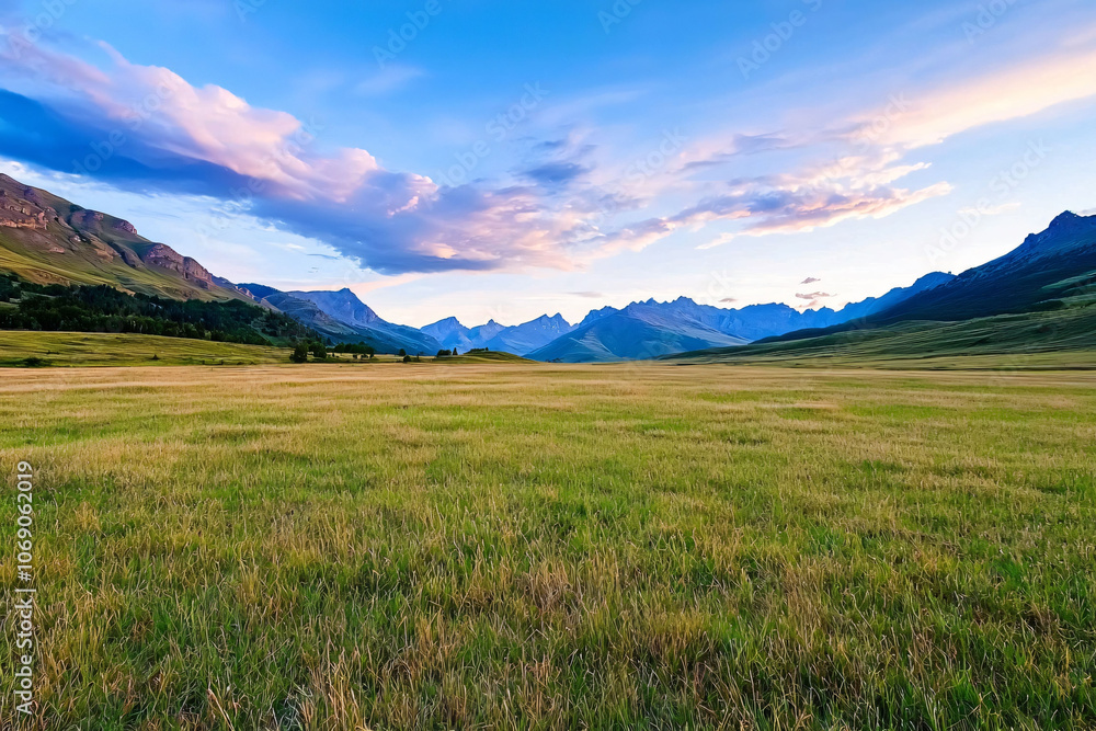 serene landscape with pink and purple skies at sunset over grassy field serene landscape with pink and purple skies at sunset over grassy field