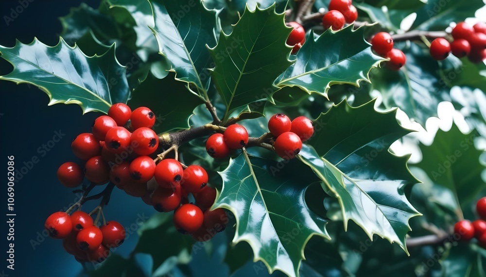 A close-up of a holly branch with vibrant red berries and glossy green leaves, captured in bright daylight, showcasing the texture of the leaves and the shine of the berries create with ai A close-up of a holly branch with vibrant red berries and glossy green leaves, captured in bright daylight, showcasing the texture of the leaves and the shine of the berries create with ai