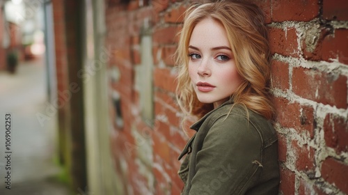 A portrait of a young woman leaning against a brick wall, showcasing a casual and stylish look.