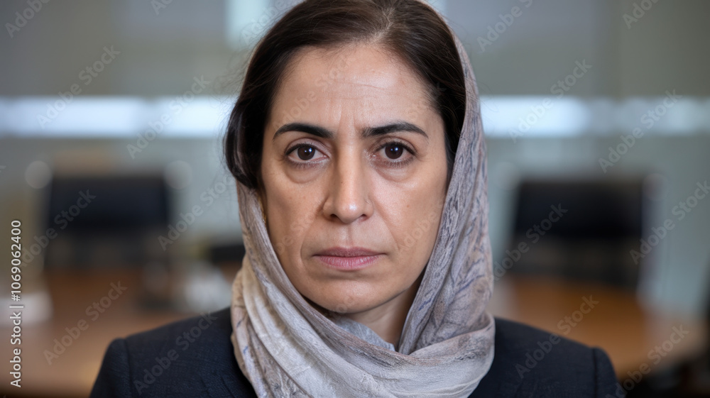 A Middle-Eastern woman in her 30s, wearing a subtle hijab, stares confidently at the camera, exuding determination in a professional meeting room setting. A Middle-Eastern woman in her 30s, wearing a subtle hijab, stares confidently at the camera, exuding determination in a professional meeting room setting.
