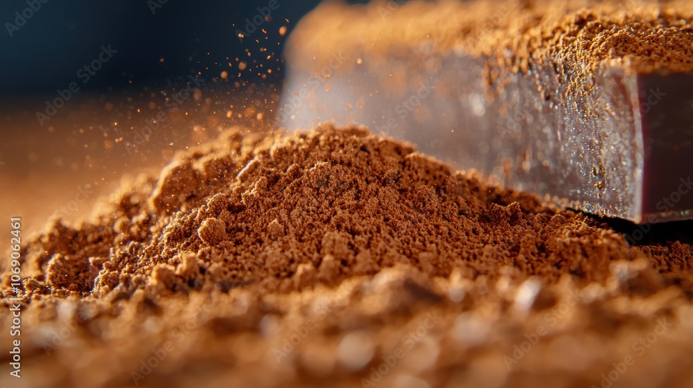 Close-Up Texture of Chocolate Bar on Cocoa Powder Close-Up Texture of Chocolate Bar on Cocoa Powder