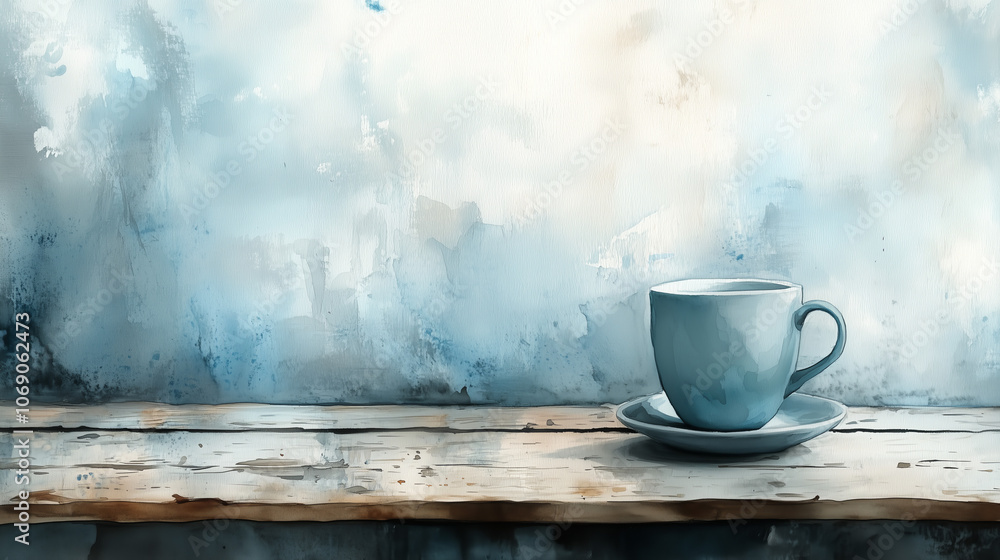 Blue Monday empty coffee cup on wooden table, watercolor painting with abstract blue and grey background, symbolizing winter blues, morning fatigue, and lack of motivation in calm minimalist style Blue Monday empty coffee cup on wooden table, watercolor painting with abstract blue and grey background, symbolizing winter blues, morning fatigue, and lack of motivation in calm minimalist style