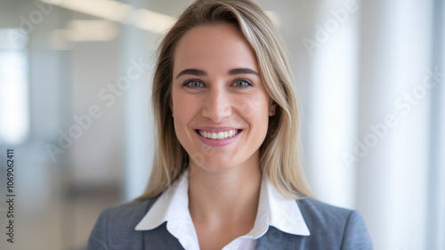 A confident young Caucasian woman with long blonde hair and a bright smile, dressed in a professional gray suit, standing in a modern office environment. Free Download A confident young Caucasian woman with long blonde hair and a bright smile, dressed in a professional gray suit, standing in a modern office environment. - GFXLoad