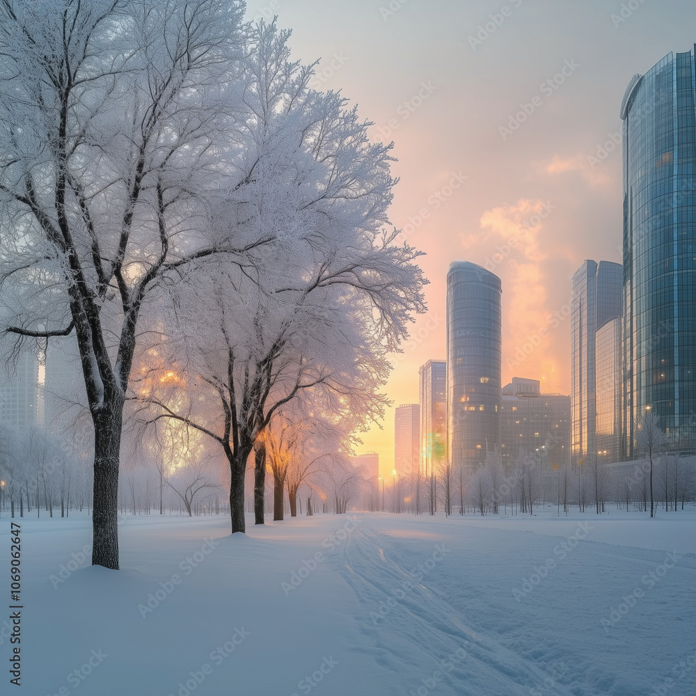 Frosty urban park with trees and skyscrapers at sunrise Frosty urban park with trees and skyscrapers at sunrise
