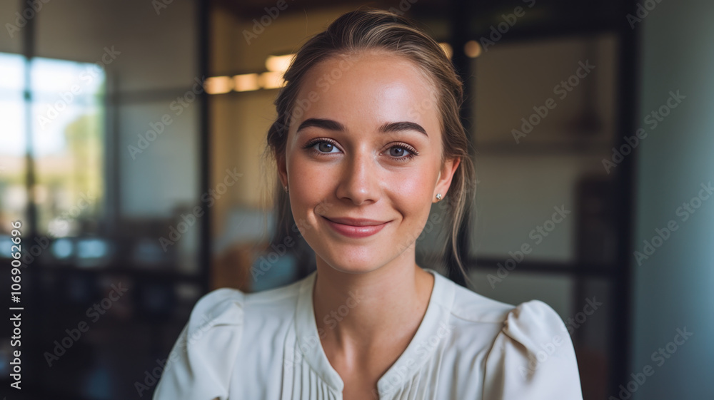 Smiling Caucasian woman in a light blouse, seated in a modern office space, exuding confidence and positivity, with soft natural light illuminating her features. Smiling Caucasian woman in a light blouse, seated in a modern office space, exuding confidence and positivity, with soft natural light illuminating her features.