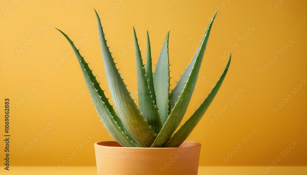 Aloe vera in pot, isolated on a yellow pastel Aloe vera in pot, isolated on a yellow pastel