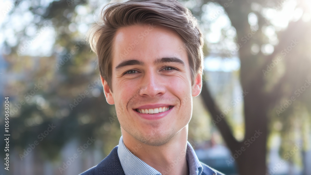 A smiling young Caucasian man with stylish hair, dressed in a casual blazer, stands outdoors with a vibrant background, radiating positivity and confidence. A smiling young Caucasian man with stylish hair, dressed in a casual blazer, stands outdoors with a vibrant background, radiating positivity and confidence.