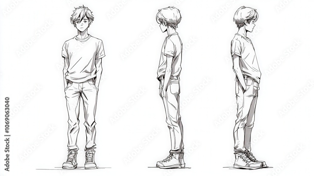 Young male character design sketch in three angles Young male character design sketch in three angles