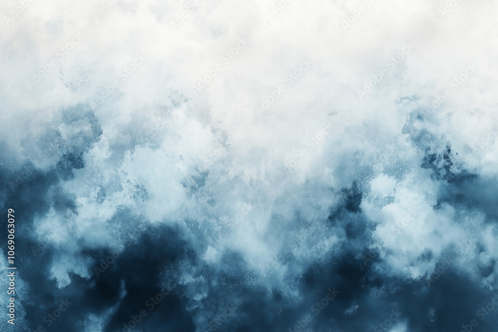 Obraz premium Blue Monday abstract depiction of dark cloudy sky and overcast weather, dramatic watercolor texture in blue and white tones representing winter blues, emotional and moody artistic background