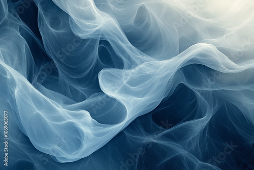 Blue Monday abstract flowing blue and white wavy shapes resembling cold winter air, soft texture, and tranquil mood, representing winter blues, calmness, melancholy, and peaceful solitude