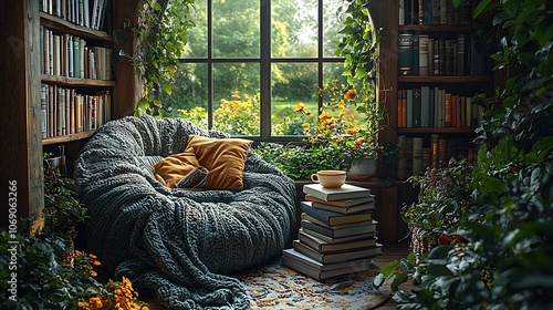 Cozy reading nook with a bean bag chair, books, a cup of tea, and a window overlooking a garden.