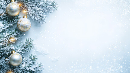 Christmas background with snowflakes, balls, fir branches. Happy New Year card