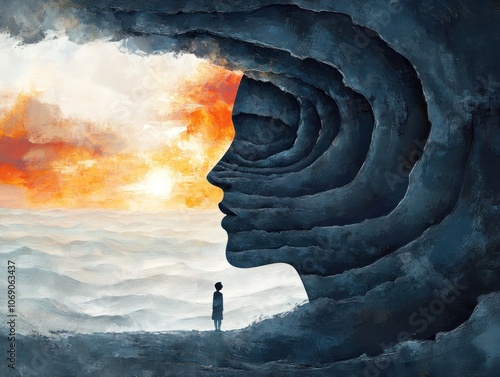 Abstract representation of hypnosis and regression therapy through a layered human. AI generated