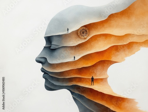 Abstract representation of hypnosis and regression therapy through a layered human. AI generated