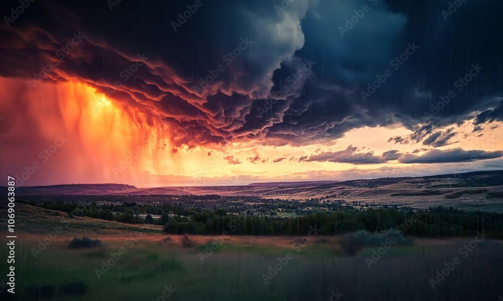 Dramatic Landscape with Vibrant Sunset and Storm Clouds Over Rolling Fields and Verdant Hills Dramatic Landscape with Vibrant Sunset and Storm Clouds Over Rolling Fields and Verdant Hills