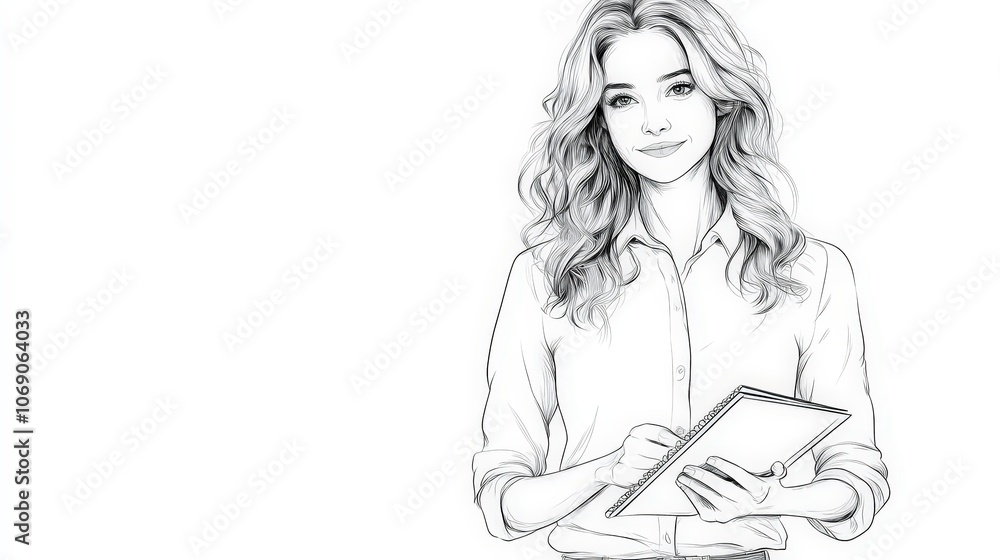 Confident woman holding notebook: inspirational sketch of female professional Confident woman holding notebook: inspirational sketch of female professional