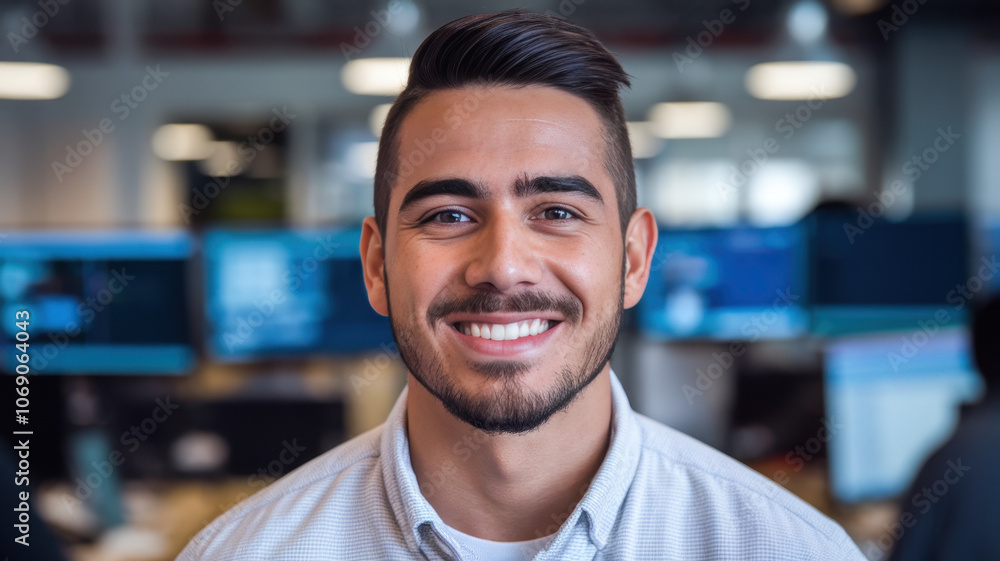 A cheerful young Hispanic man with short hair smiles warmly at the camera in a modern office setting filled with computer screens. A cheerful young Hispanic man with short hair smiles warmly at the camera in a modern office setting filled with computer screens.