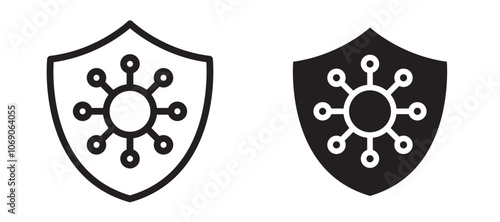 Virus protection shield vector icon set black filled and outlined style.