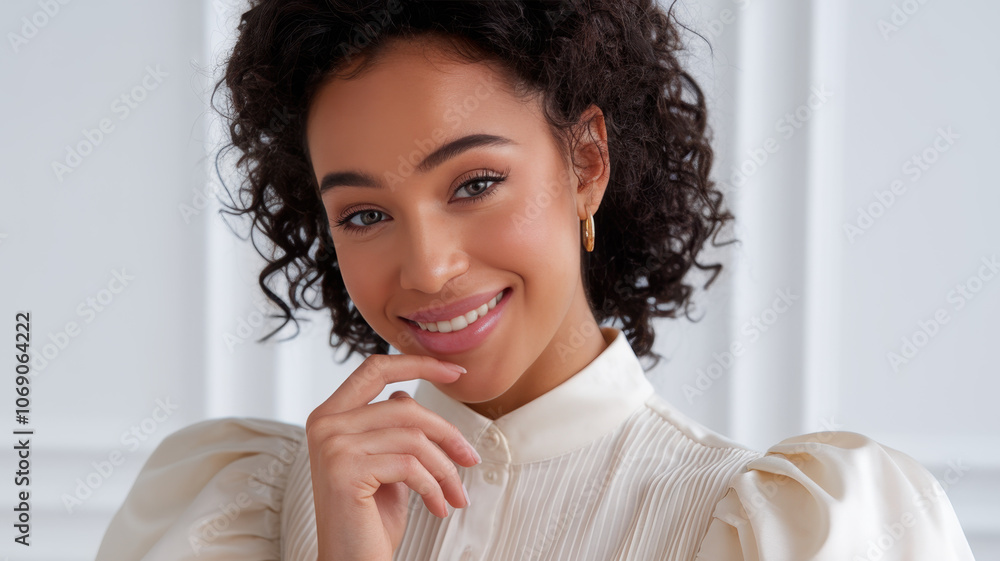 Portrait of a young mixed-ethnicity woman with curly hair, wearing a sophisticated cream blouse, smiling warmly at the camera in a softly lit indoor setting. Portrait of a young mixed-ethnicity woman with curly hair, wearing a sophisticated cream blouse, smiling warmly at the camera in a softly lit indoor setting.