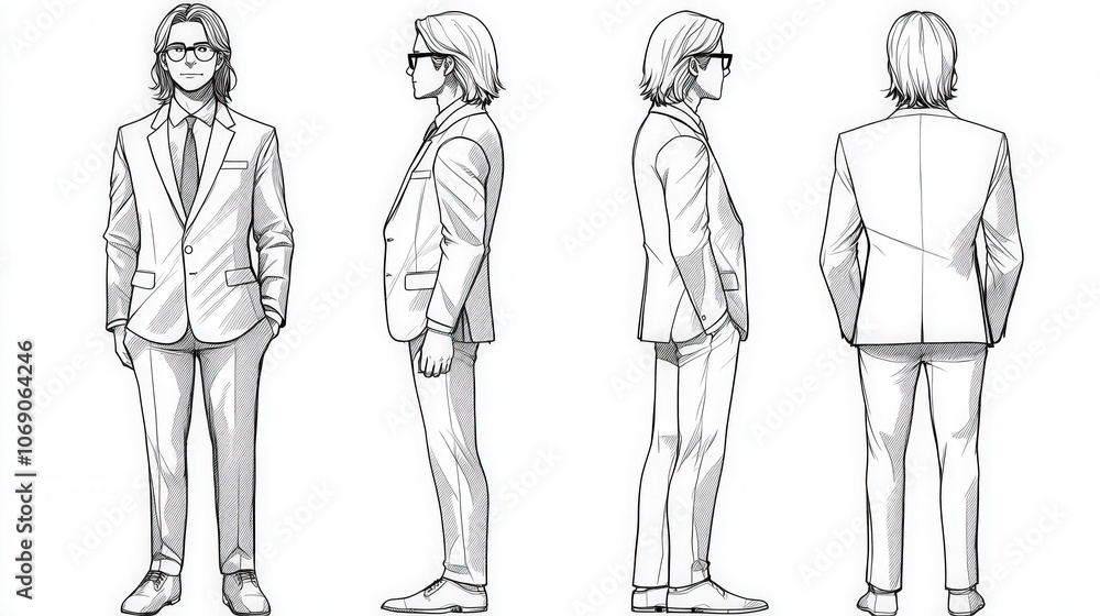 Business professional character design in four views: front, side, and back perspectives Business professional character design in four views: front, side, and back perspectives