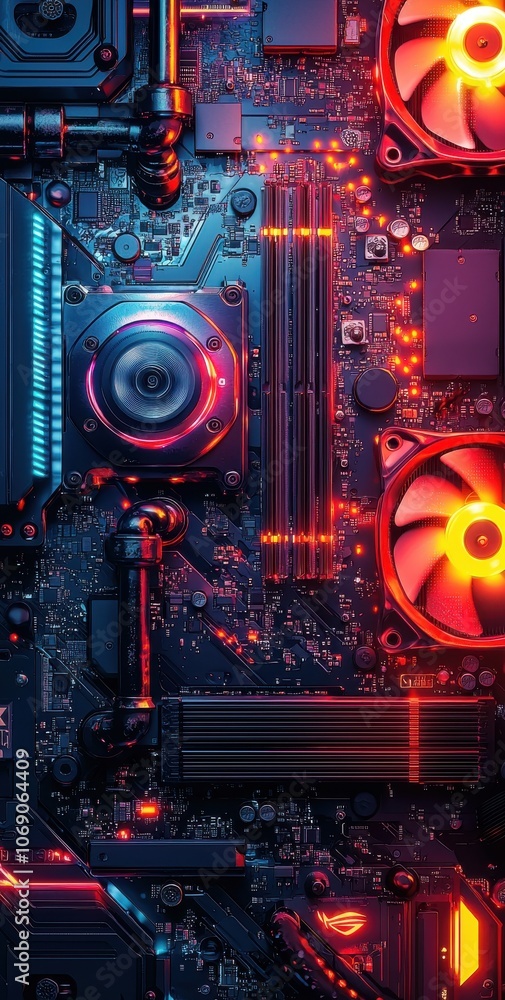 Futuristic motherboard with glowing components and cooling fans Futuristic motherboard with glowing components and cooling fans