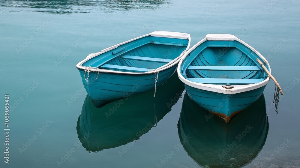 Two blue boat moored in calm water, reflecting their vibrant colors. Two blue boat moored in calm water, reflecting their vibrant colors.