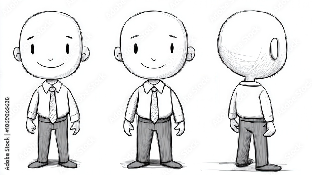 Cartoon character design: front, side, and back view of businessman in formal attire Cartoon character design: front, side, and back view of businessman in formal attire