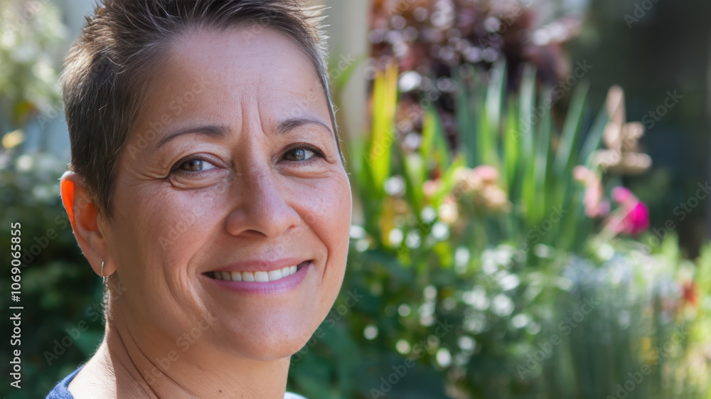 Smiling middle-aged Hispanic woman with short hair, surrounded by a lush garden, radiating happiness and warmth in a vibrant setting. Smiling middle-aged Hispanic woman with short hair, surrounded by a lush garden, radiating happiness and warmth in a vibrant setting.