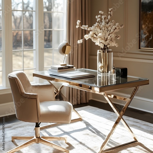 A chic home office featuring a glass desk, a modern chair, and stylish decor photo