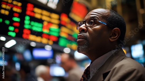 A businessman stares intently at a stock ticker, focused on the numbers and hoping for a positive outcome.