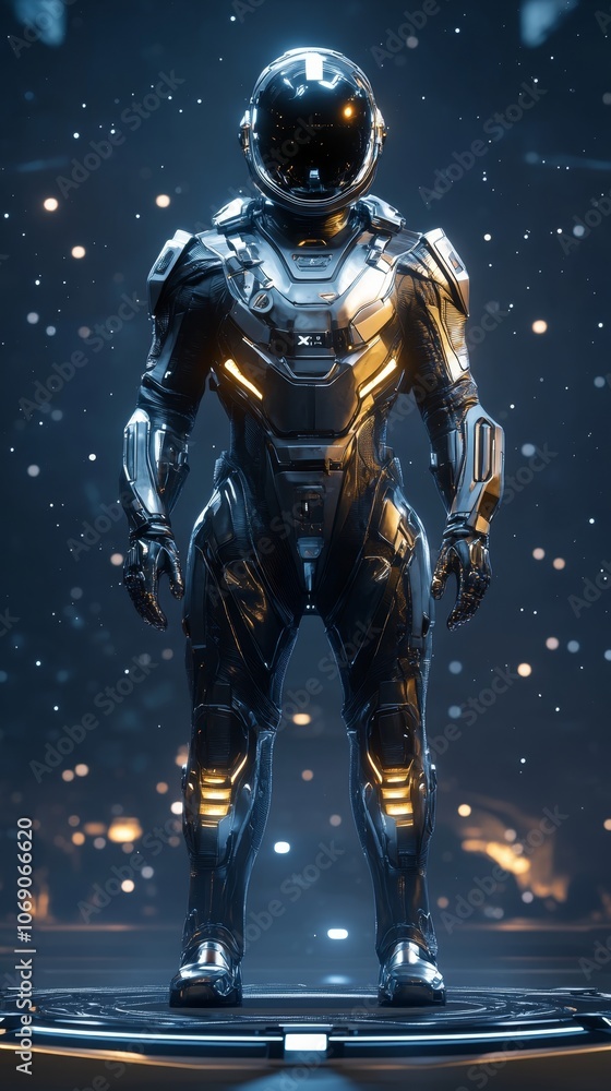 Fototapeta premium Futuristic space suit product shot against starlit backdrop with details