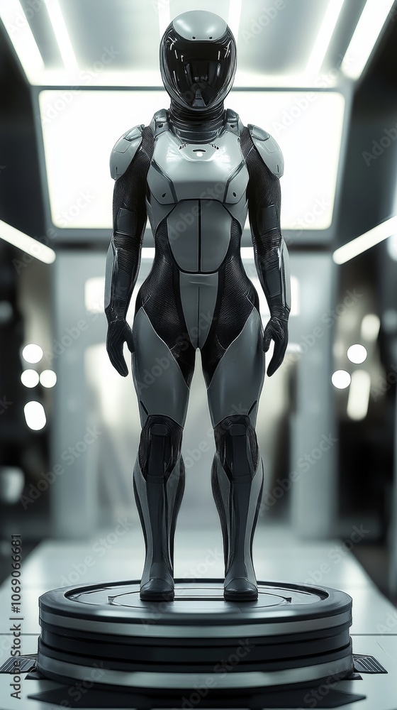 Futuristic female spacesuit in industrial space lab Futuristic female spacesuit in industrial space lab