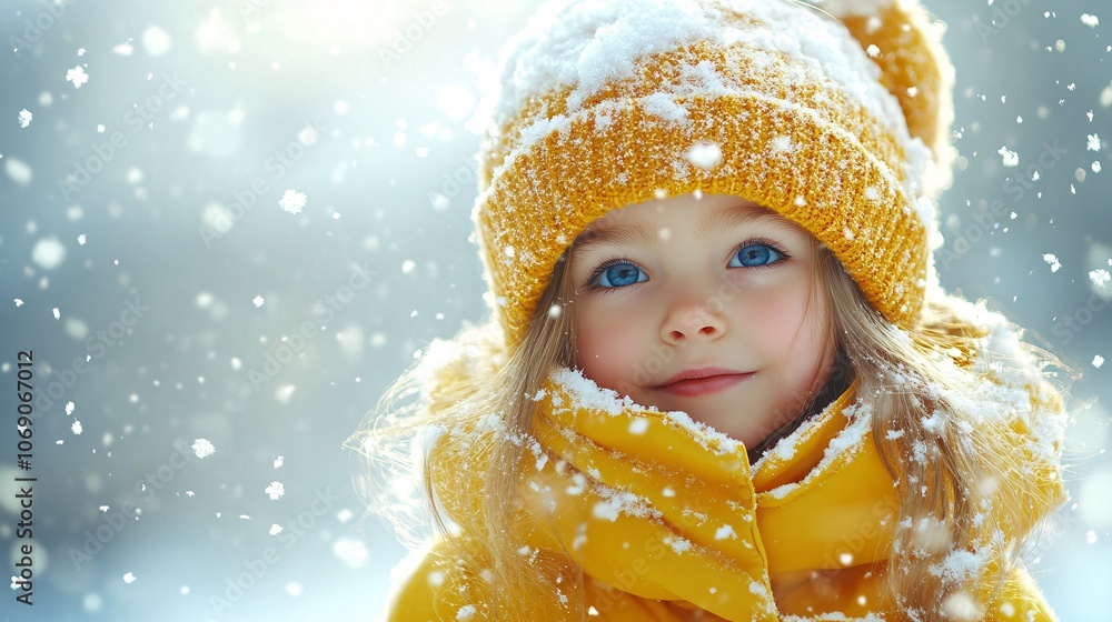 A joyful child in a bright yellow winter outfit smiles as snowflakes gently fall around her, creating a magical winter wonderland atmosphere. A joyful child in a bright yellow winter outfit smiles as snowflakes gently fall around her, creating a magical winter wonderland atmosphere.