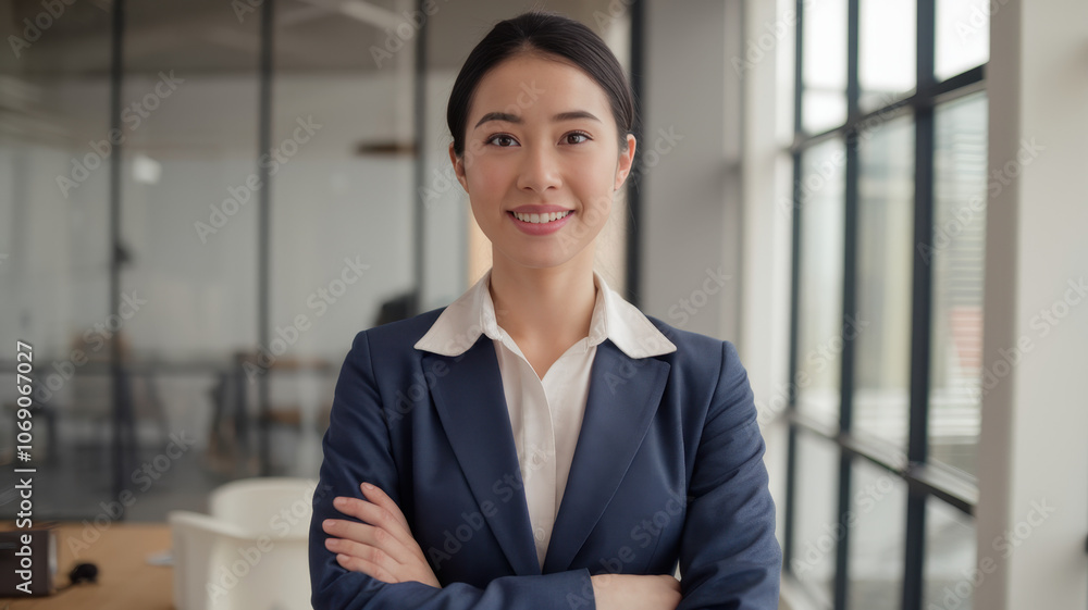 Confident young Asian woman in a professional navy suit, smiling warmly while standing in a modern office with large windows and a bright atmosphere. Confident young Asian woman in a professional navy suit, smiling warmly while standing in a modern office with large windows and a bright atmosphere.
