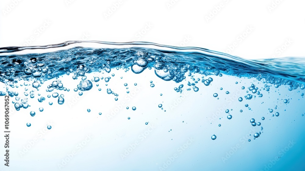 Clean water wave with bubbles creating a refreshing splash on white background Clean water wave with bubbles creating a refreshing splash on white background
