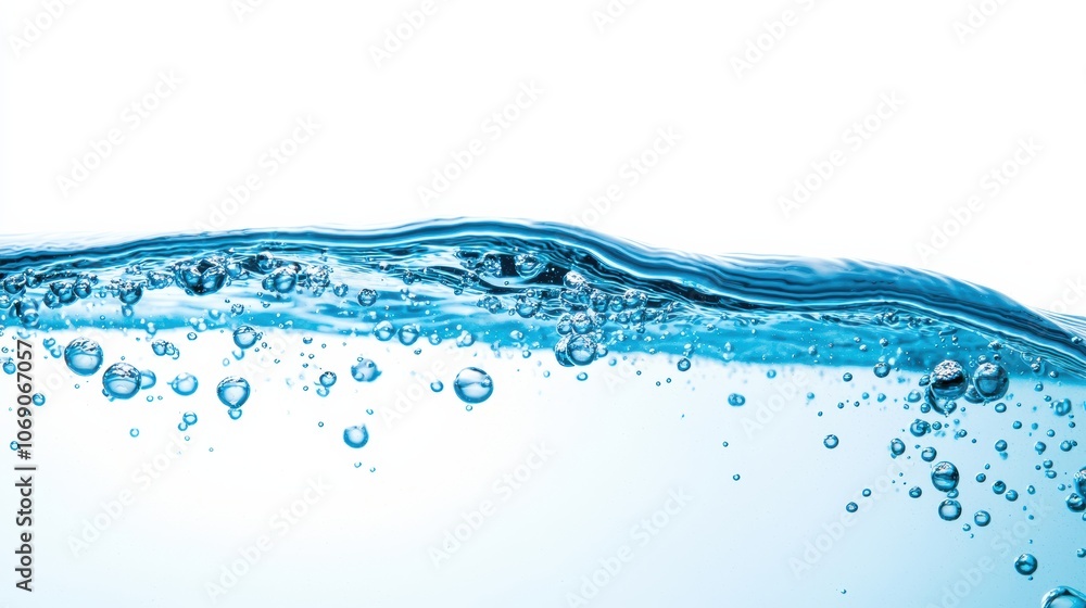 Blue water wave with bubbles creating a refreshing splash on white background Blue water wave with bubbles creating a refreshing splash on white background