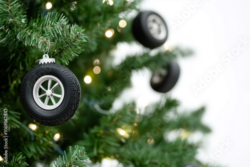 Christmas tree decorated with car tires, original  car shop christmas time decor