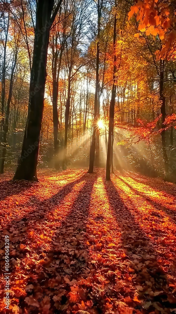 Obraz premium Sunlight Streaming Through Autumn Forest Foliage