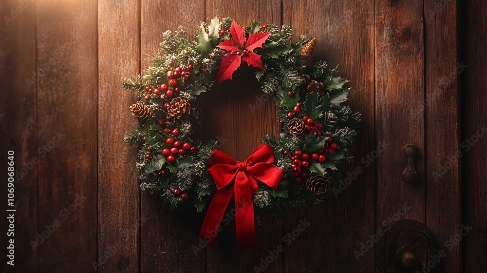 A festive Christmas wreath adorned with red bows, berries, and greenery, hanging against a rustic wooden background. A festive Christmas wreath adorned with red bows, berries, and greenery, hanging against a rustic wooden background.