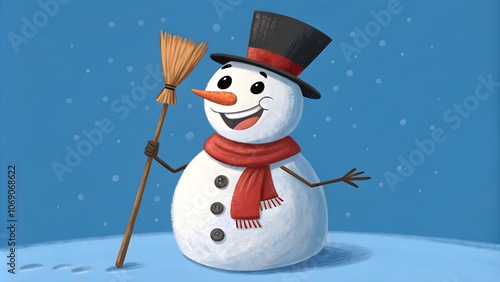 Cheerful Snowman on Blue Background, Festive Winter Holiday Scene