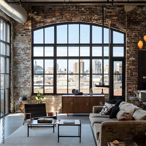 A chic urban apartment with exposed brick walls, modern furniture, and large windows offering stunning city views photo