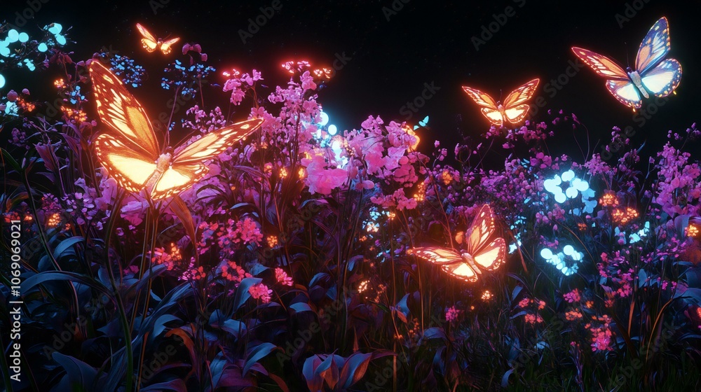 Glowing Butterflies in a Nighttime Garden Glowing Butterflies in a Nighttime Garden