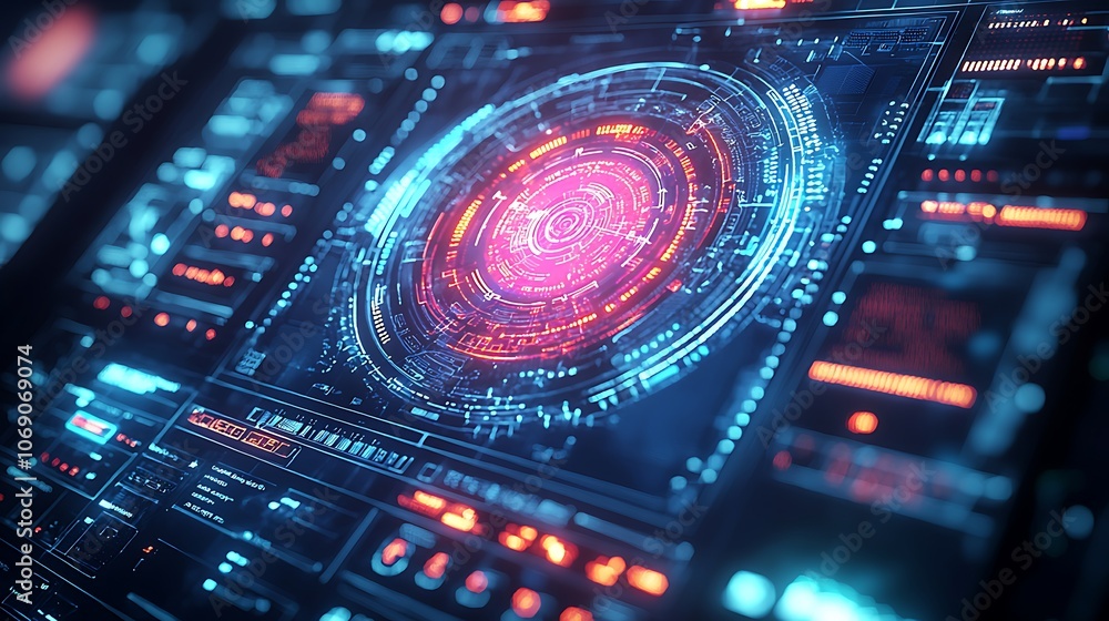 Futuristic digital interface with a glowing red and blue circular design. Futuristic digital interface with a glowing red and blue circular design.