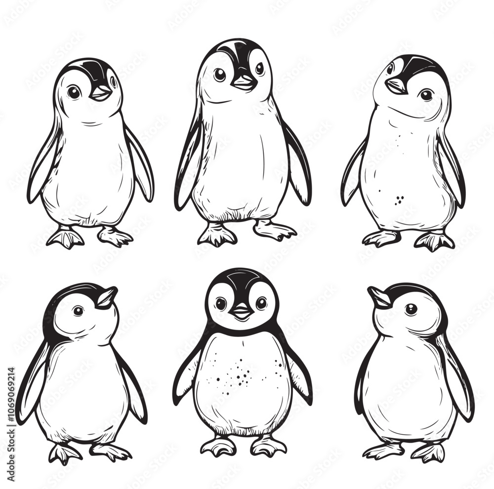 Fototapeta premium Simple Christmas Penguin Coloring Page - Festive Line Art for Kids, Monochrome Winter Fun
