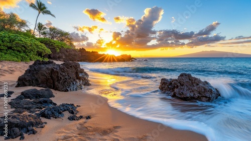 Glowing Sunset Over Waves Rolling to Shore